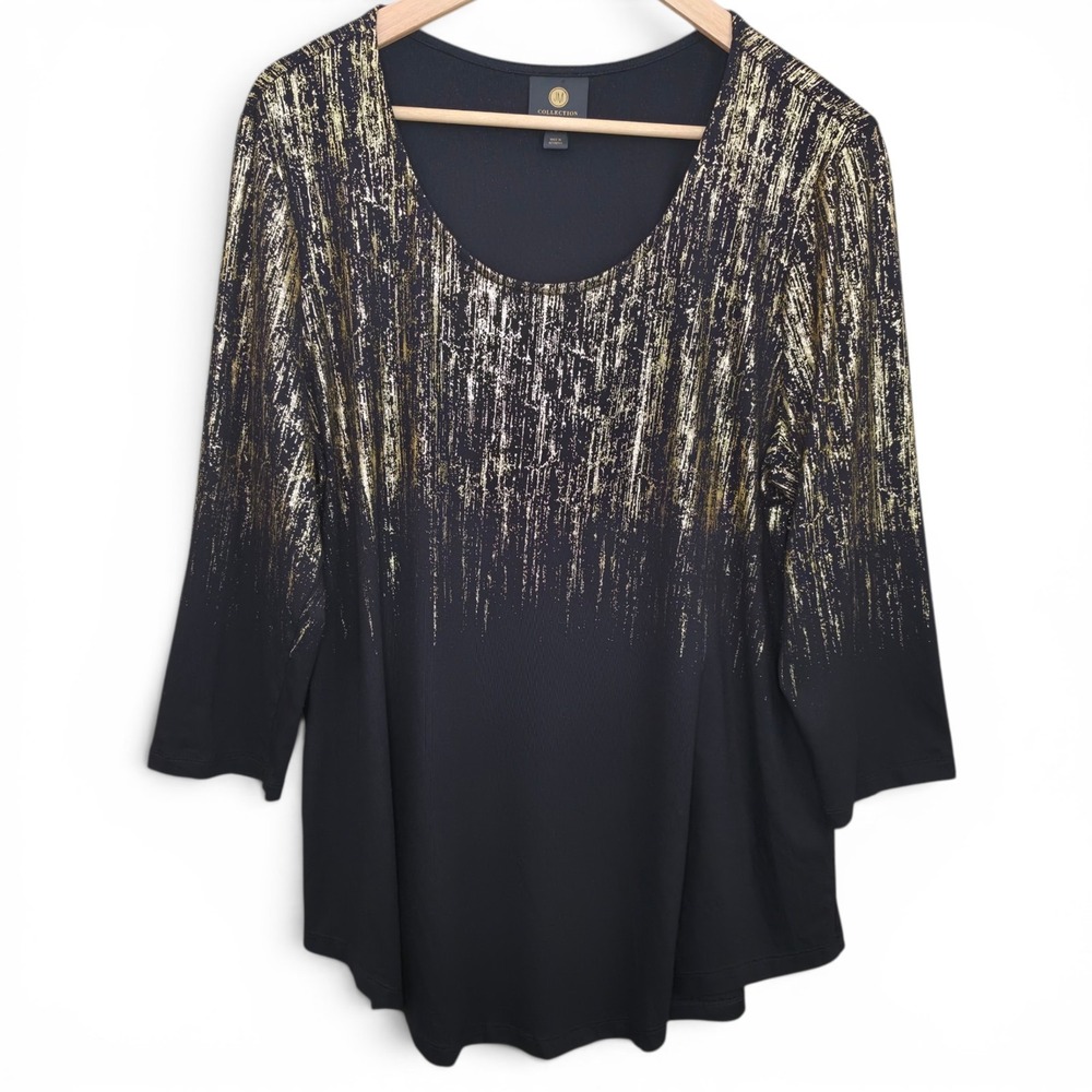 JM Collection Top Womens Large Gold Black Scoop Neck 3/4 Sleeve‎ Tee Stretch